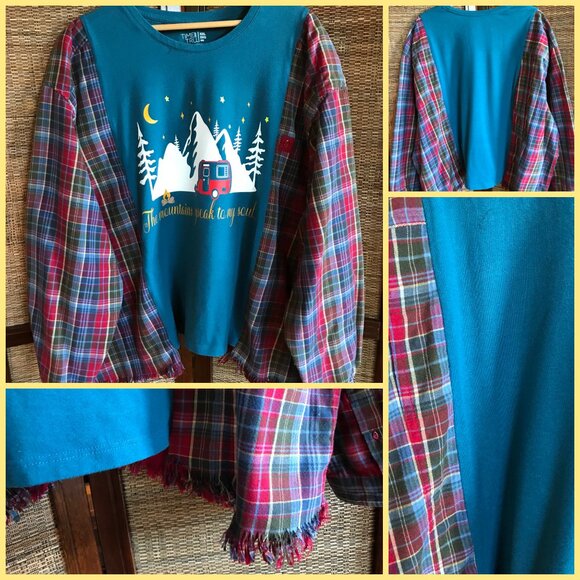 Flannel Shirt Upcycle, Size L-2XL: Reworked Oversized Mountain Camping Graphic - Picture 12 of 12